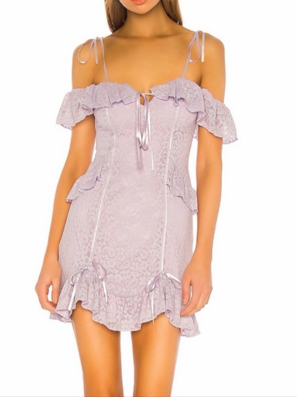 MAJORELLE Lace Off-Shoulder Ruffle Mini Dress in Lavender Size Medium Never worn